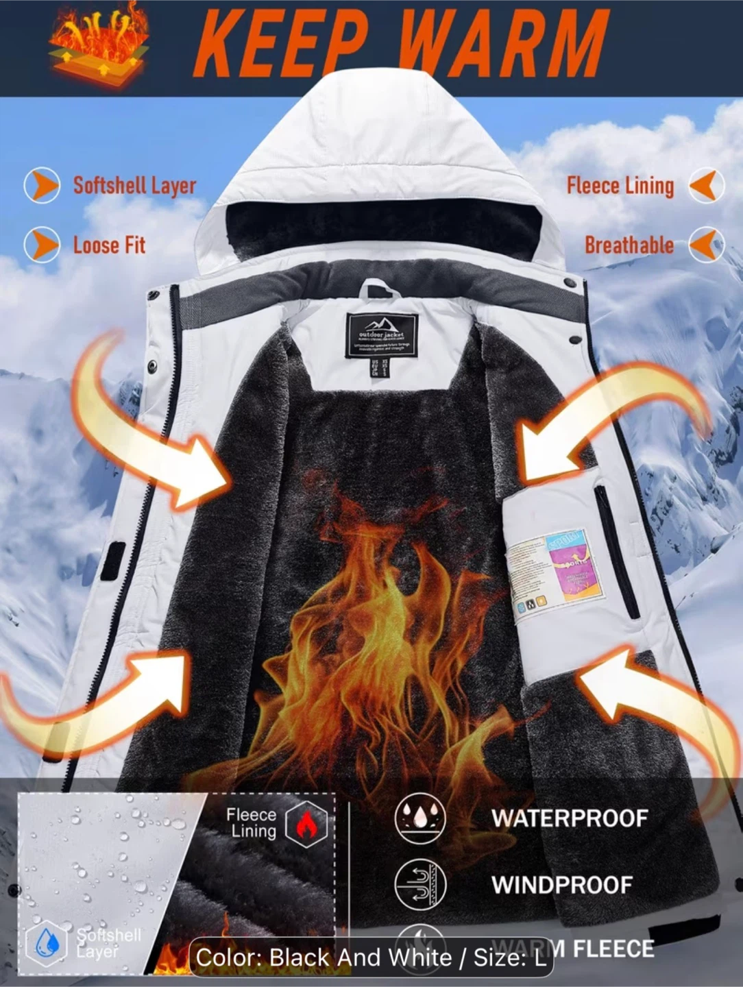 Brand New-Black and White Outdoor Jacket - Size L Unisex - photo 5
