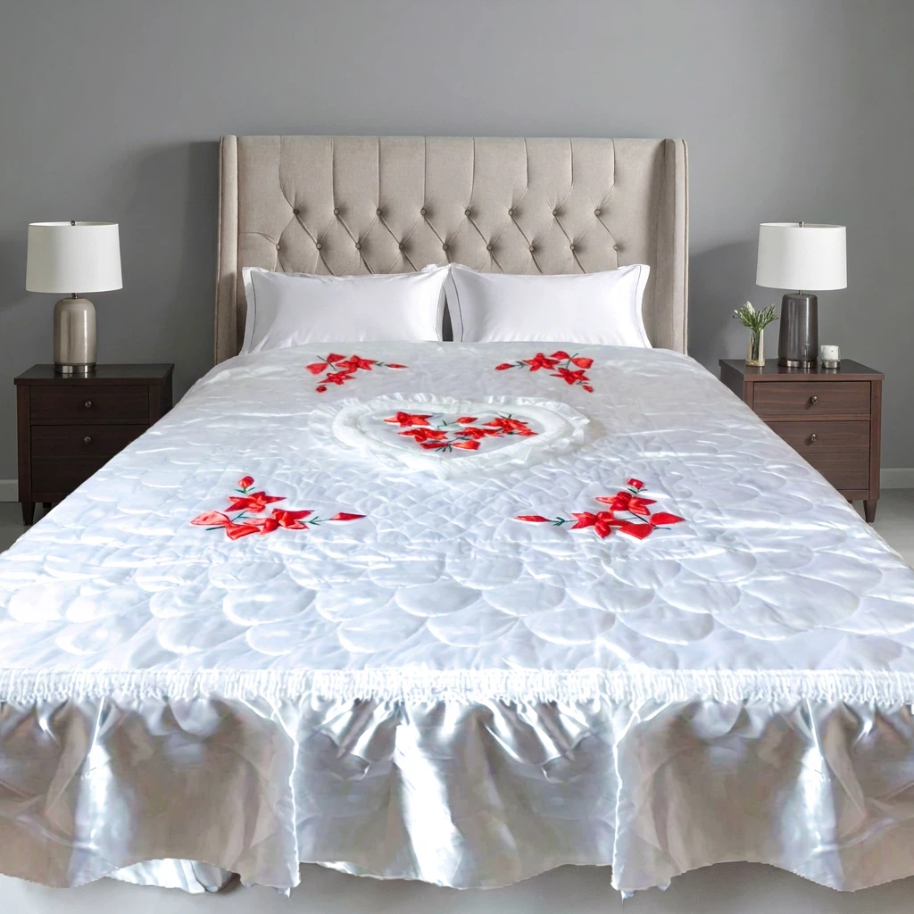 White quilted satin double bedspread with embroidered roses