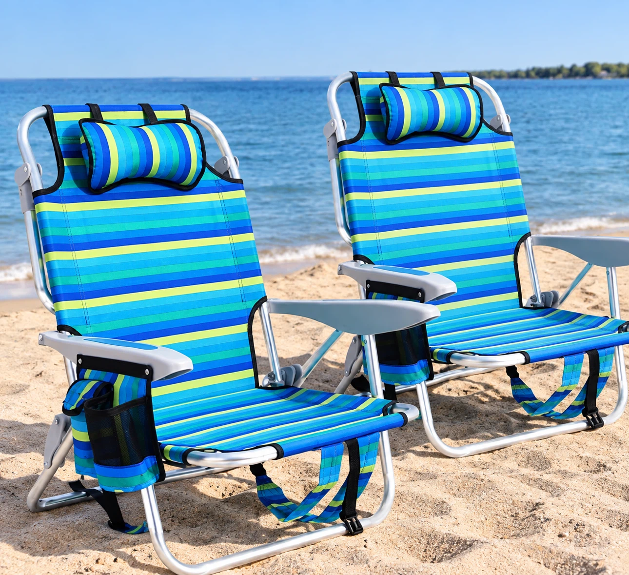 Two Blue and Green Striped Beach Chairs