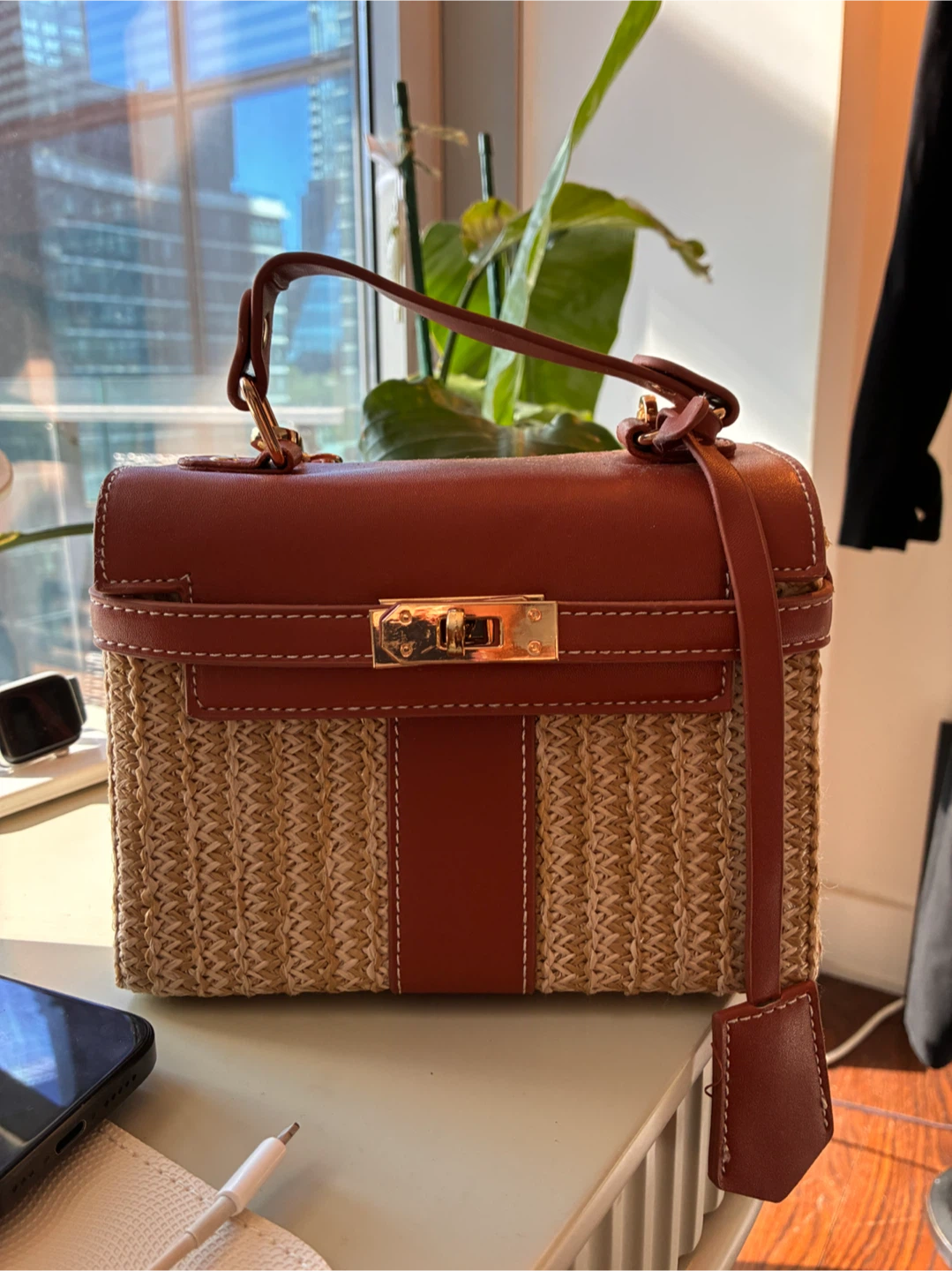 Brown Woven Straw and Leather Handbag