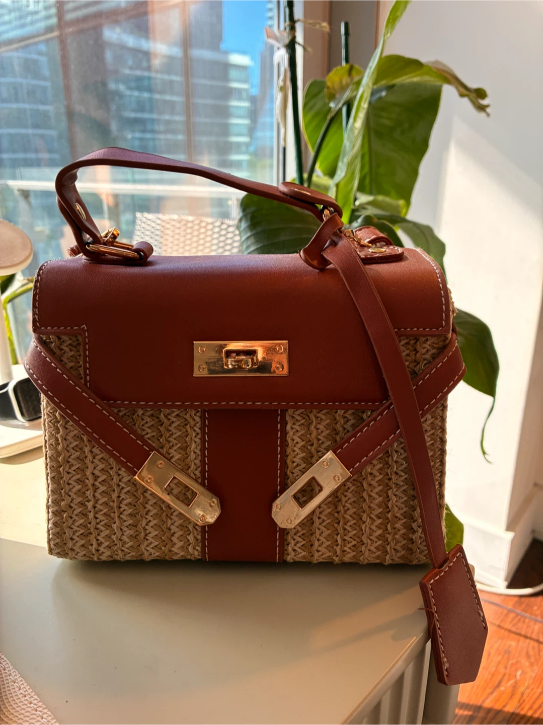 Brown Woven Straw and Leather Handbag - photo 2