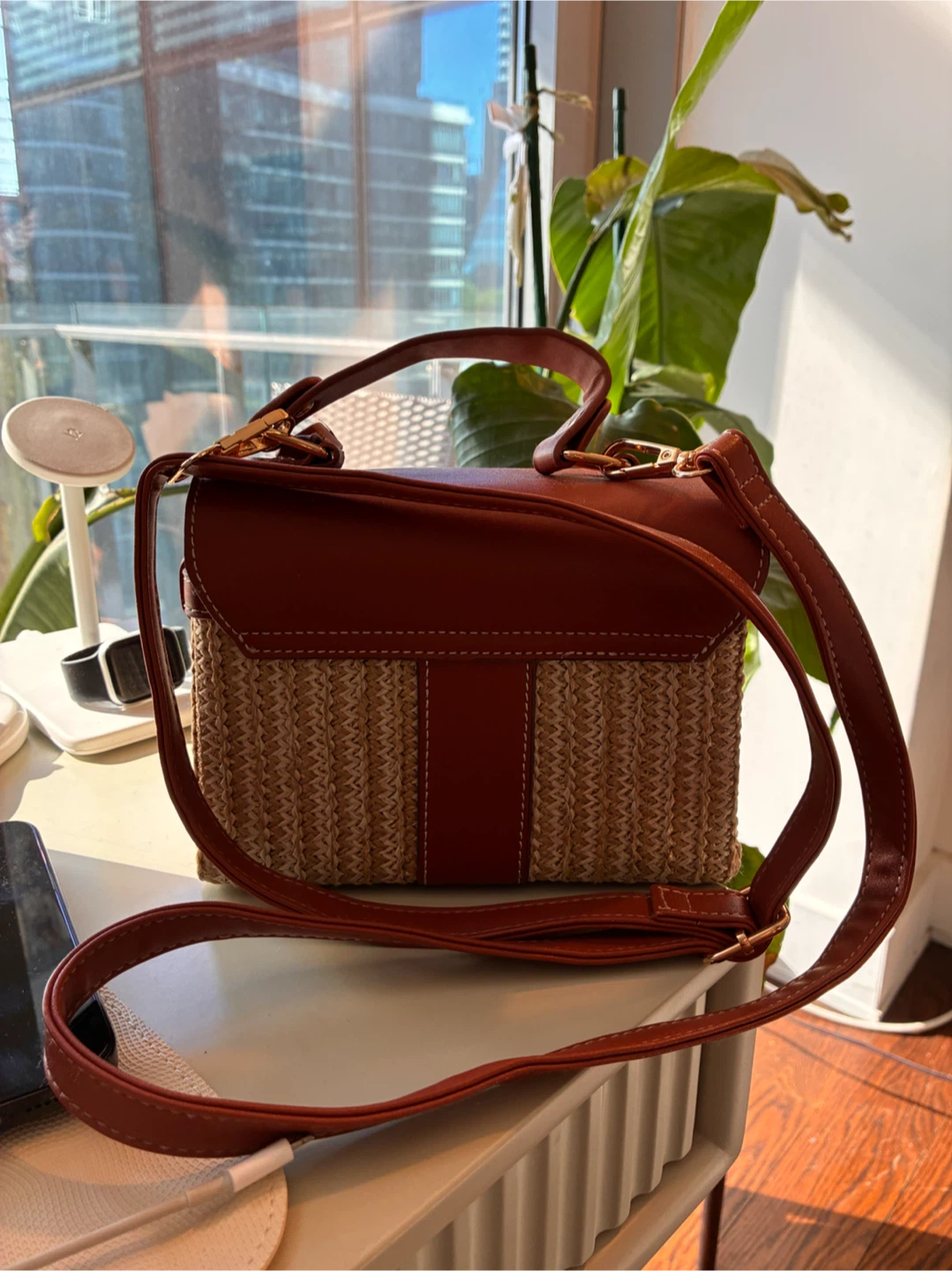 Brown Woven Straw and Leather Handbag - photo 3