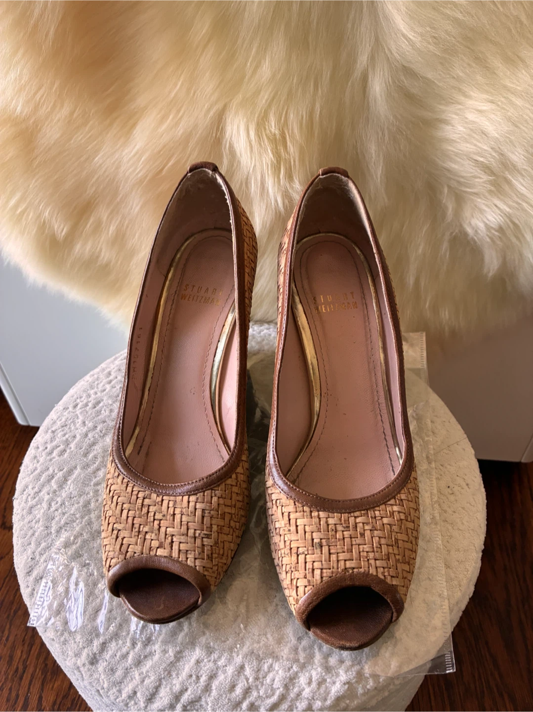 Stuart Weitzman Woven Wedge Peep Toe Heels