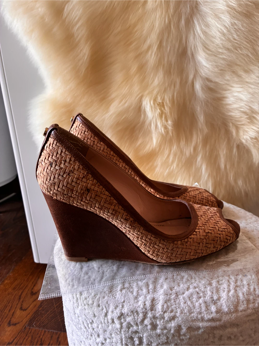 Stuart Weitzman Woven Wedge Peep Toe Heels - photo 4