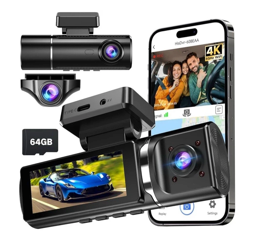3 Channel 4K Dash Cam with 64GB Card