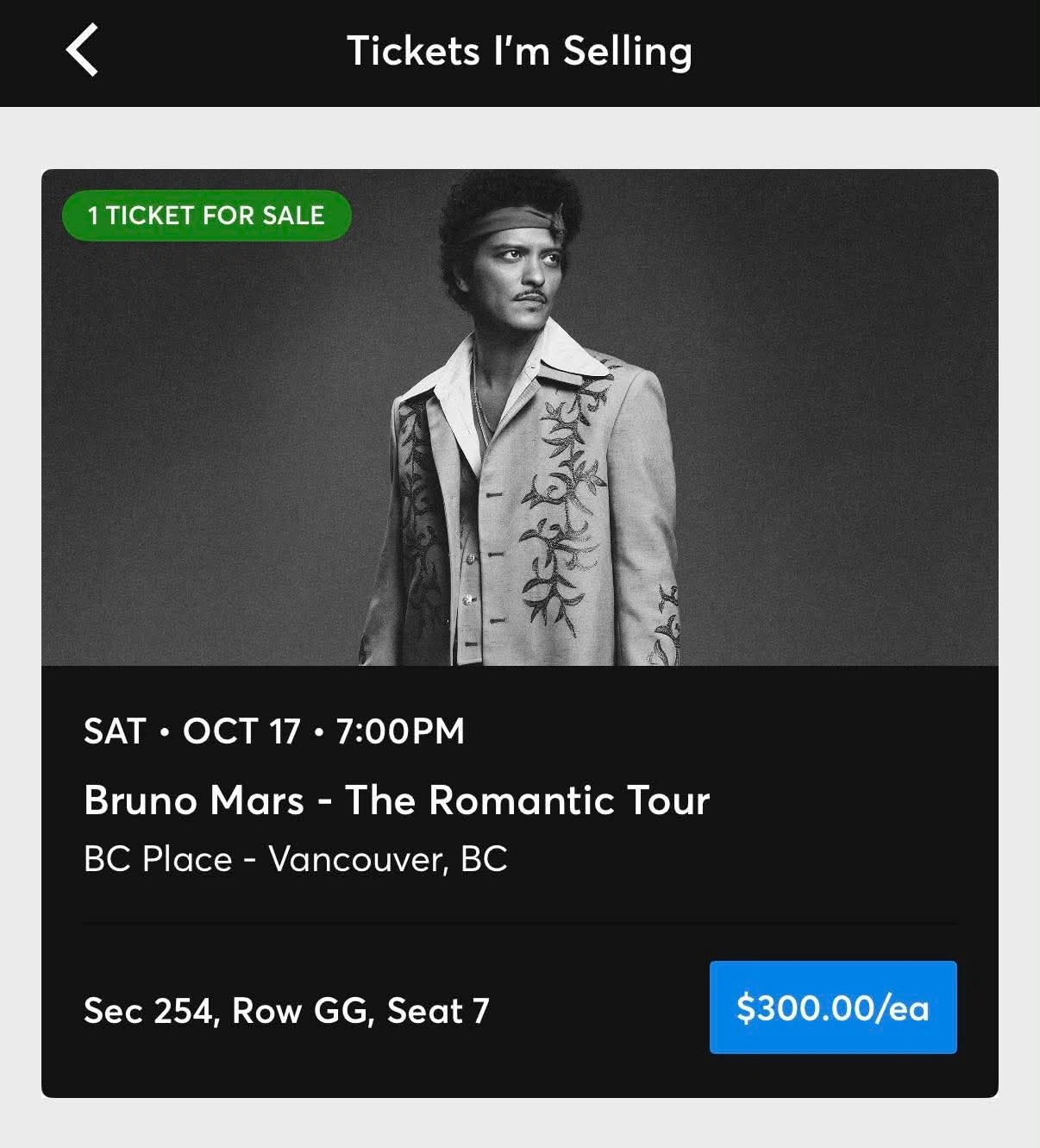 1 Bruno Mars The Romantic Tour Ticket