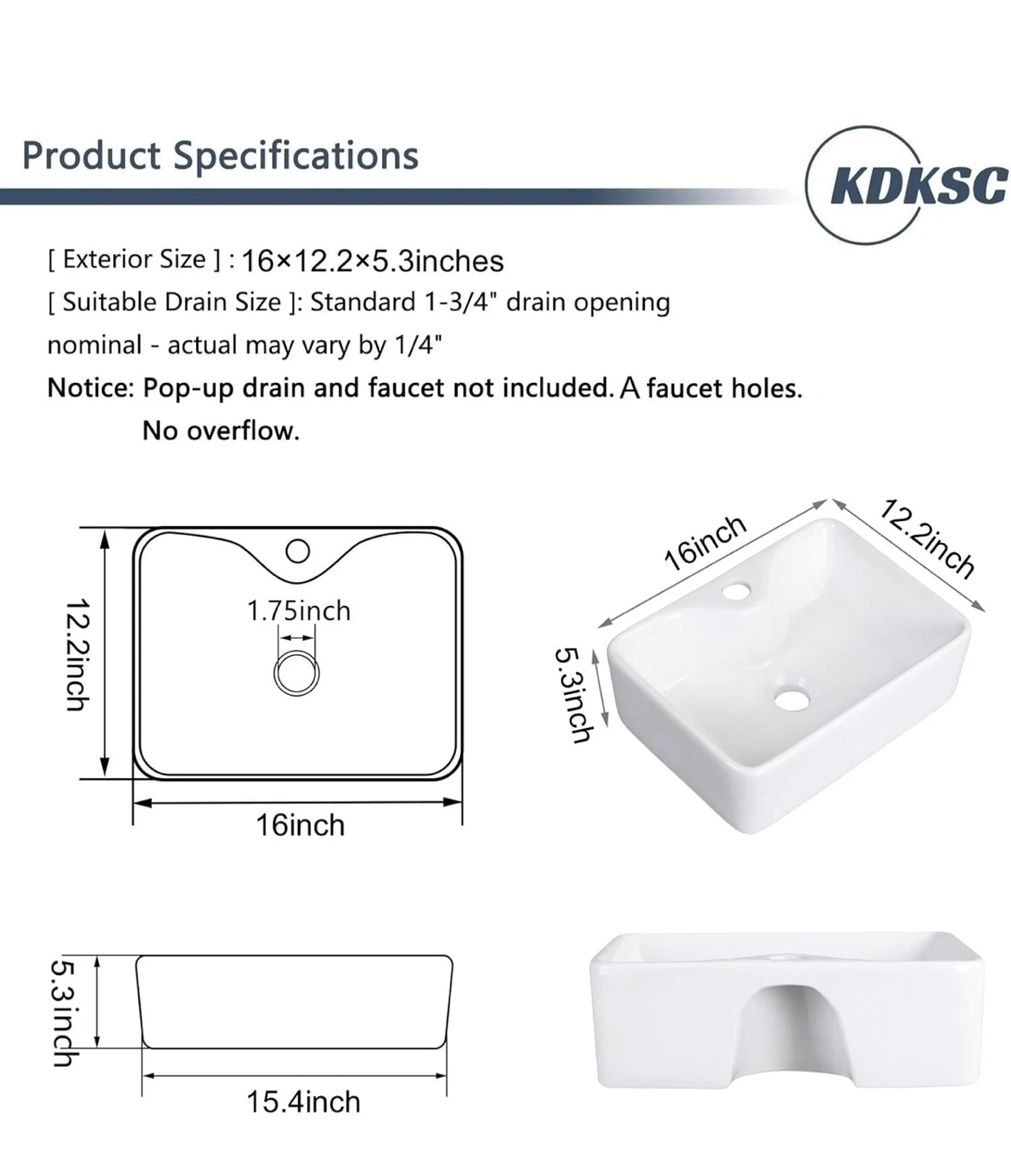 KDKSC Rectangular Porcelain Bathroom Vessel Sink 1612 - photo 2