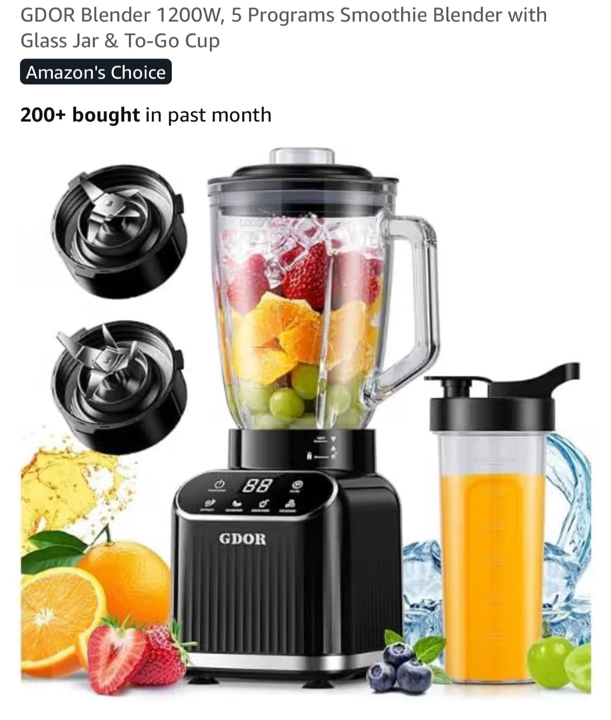 GDOR 1200W Blender with Glass Jar and To-Go Cup