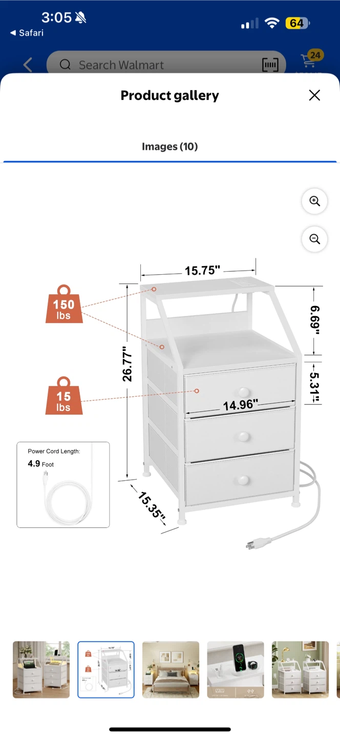 White 3-Drawer Nightstand with Charging Station - photo 5