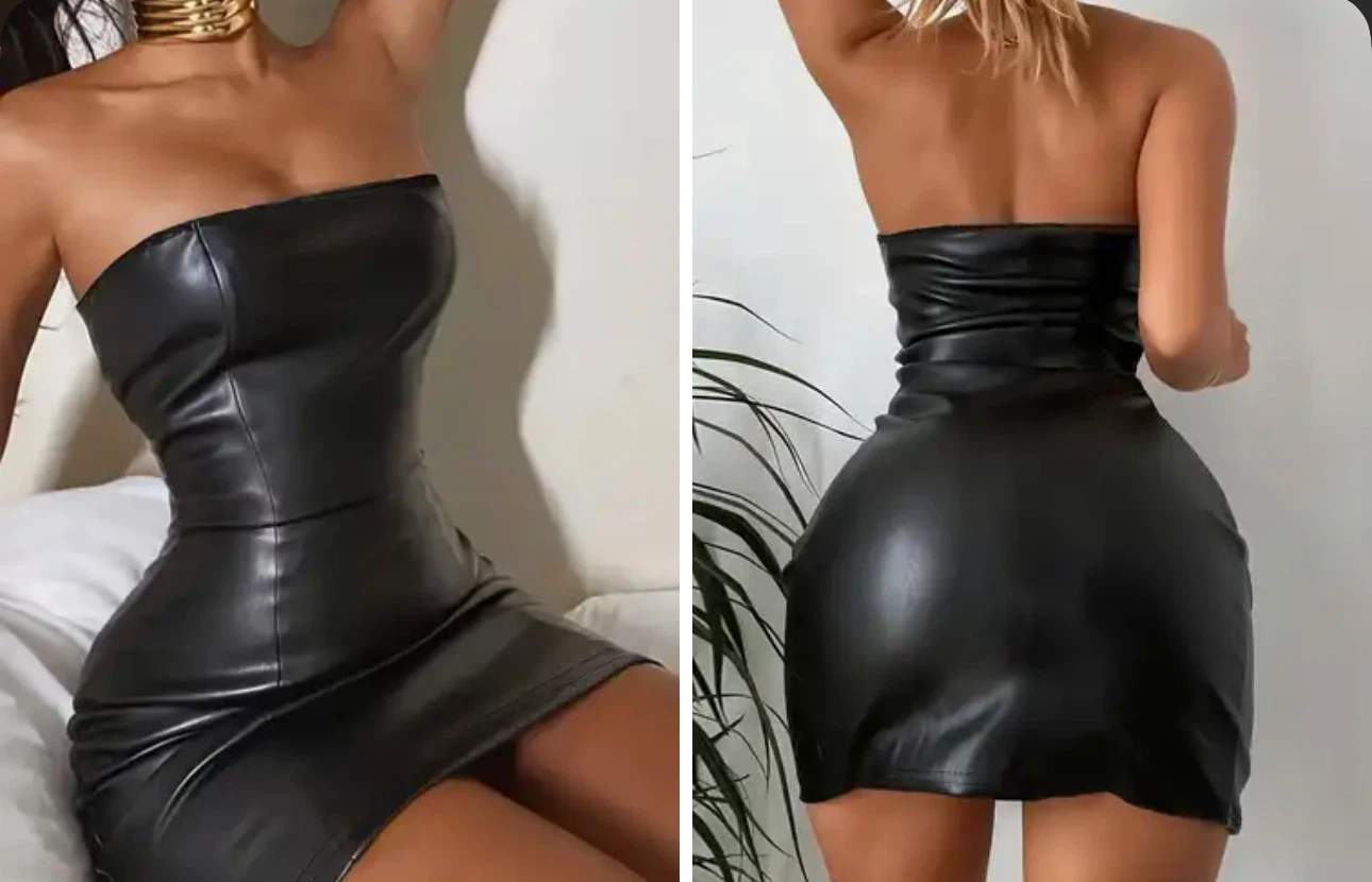 Brand New Black Strapless Faux Leather Dress size med