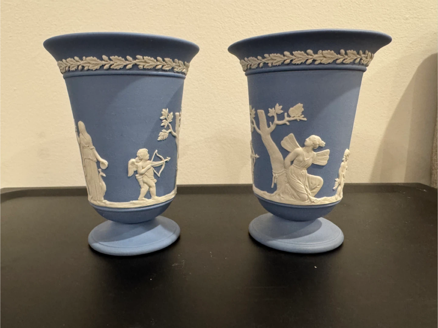 2 Vintage Wedgwood Blue Jasperware Vases ~ Greek Mythology Eros
