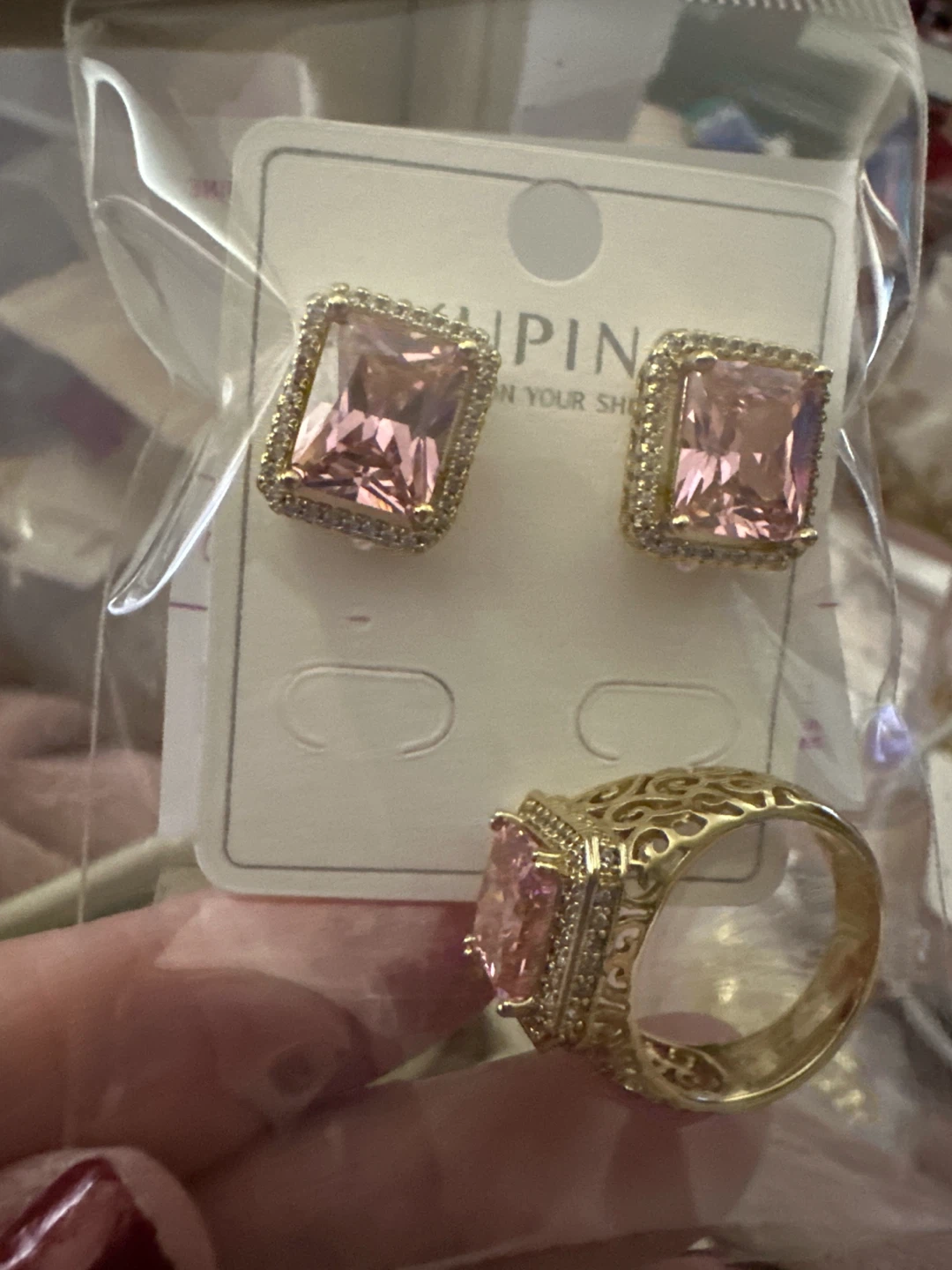Xuping Pink Gemstone Ring and Earring Set