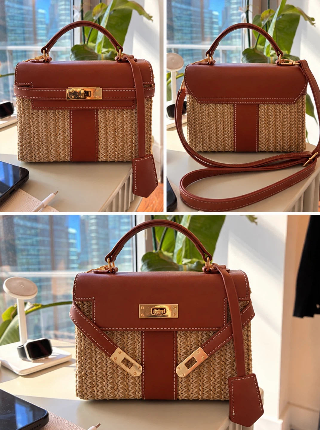 Brown Woven Straw and Leather Handbag