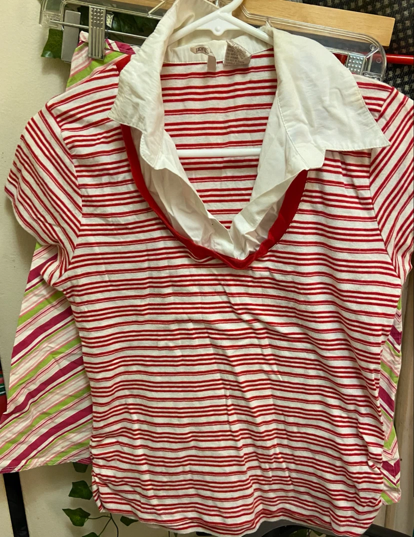 Jones New York Red and White Striped Polo Shirt