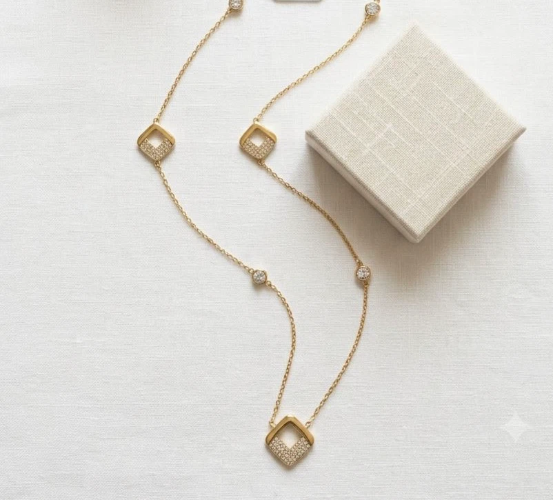 Gold Tone Rhinestone Station Necklace