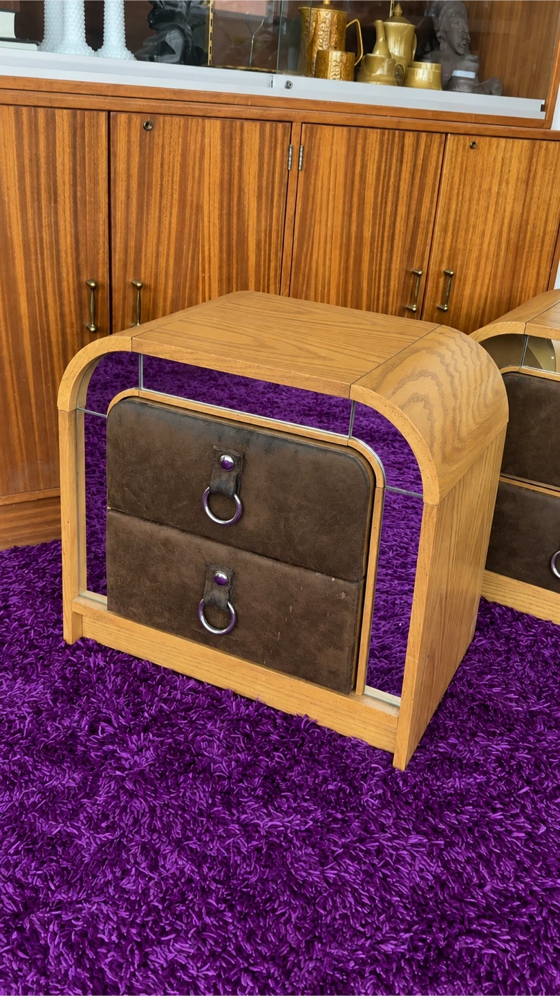 Vintage Postmodern Mirrored + Suede Arched Nightstands