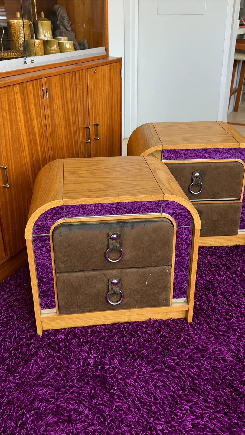 Vintage Postmodern Mirrored + Suede Arched Nightstands - photo 2