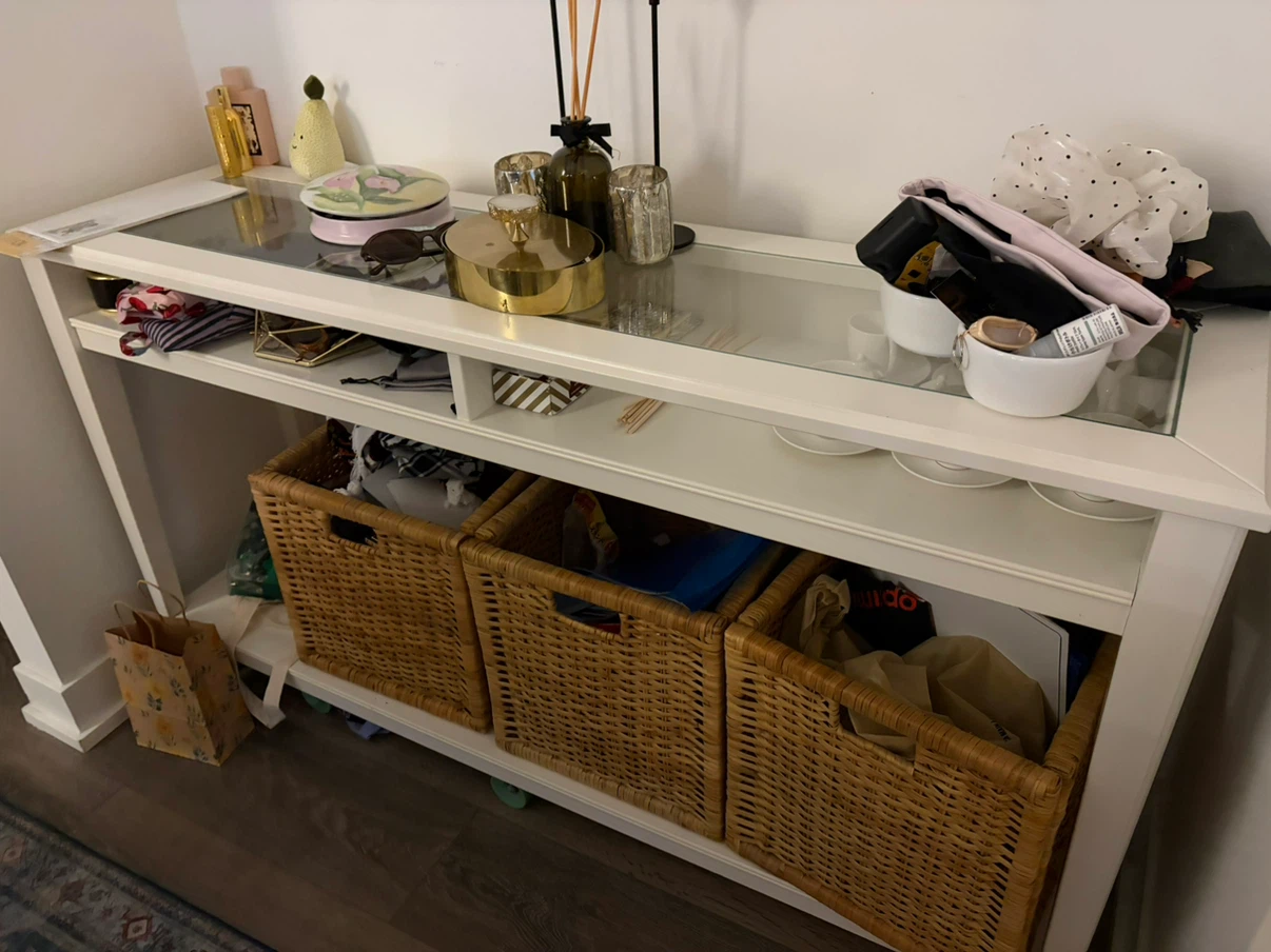 Ikea glass top table, white wood