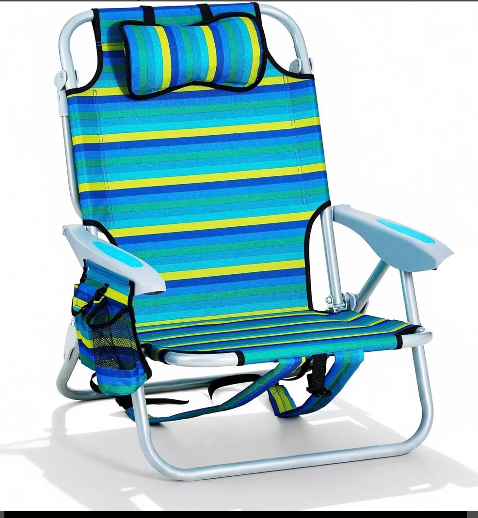 Foldable Striped Beach Chair with Backpack Straps