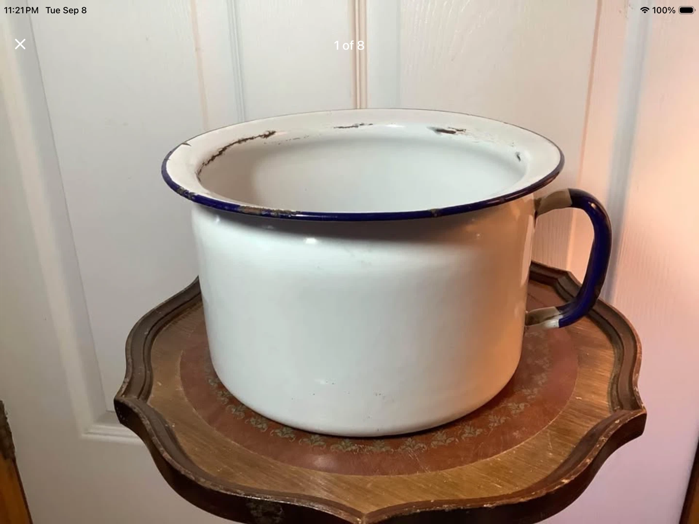 Vintage White & Blue Enamel Chamber Pot 🐞