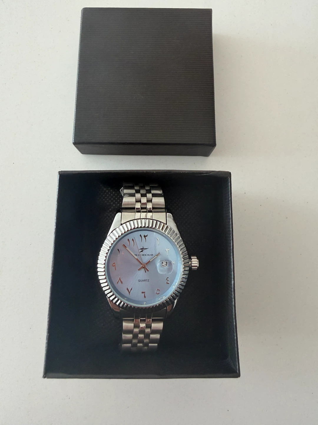 Blue-Faced Quartz Watch with Arabic Dials