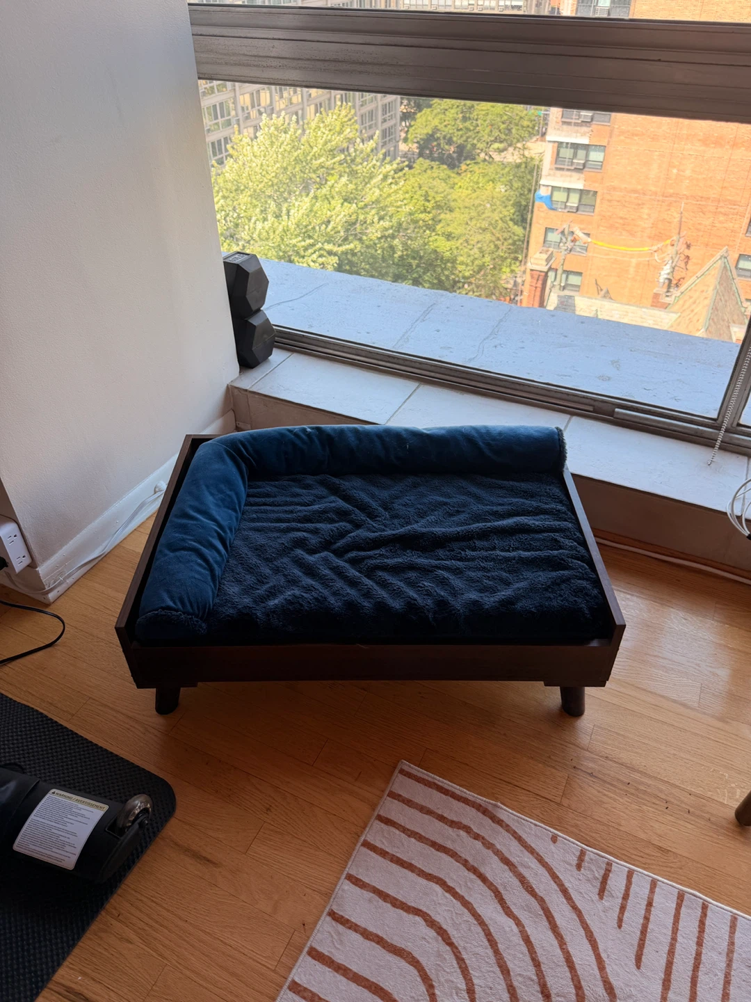 Elevated Pet Bed with Dark Blue Plush Cushion