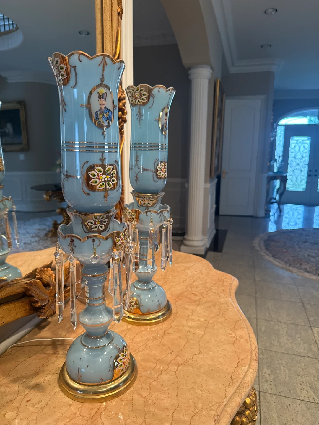 Vintage Hand-Painted Blue Glass Lamps