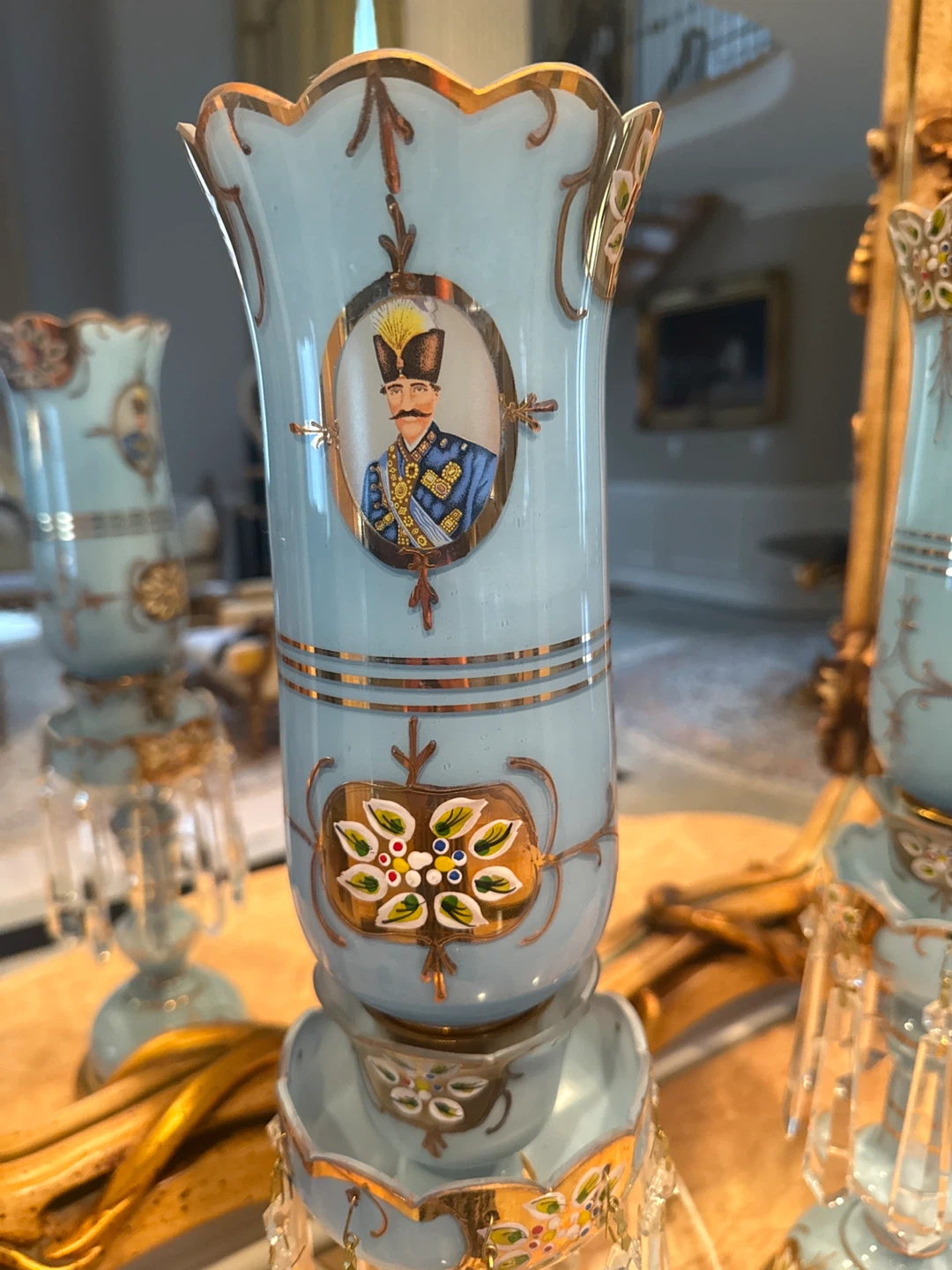 Vintage Hand-Painted Blue Glass Lamps - photo 2