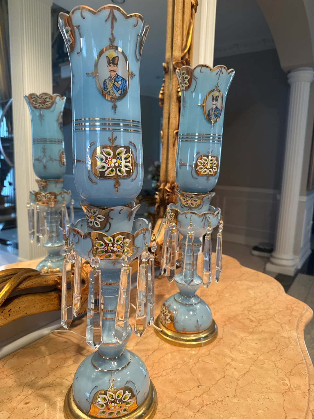 Vintage Hand-Painted Blue Glass Lamps - photo 3