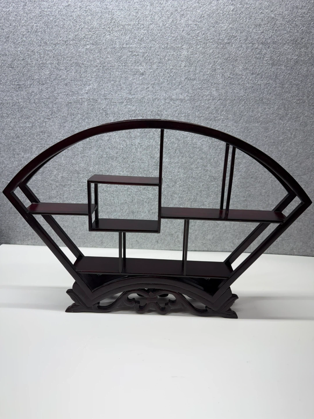 Asian Chinese Style Fan Shaped Wooden Curio Display Shelf Carved