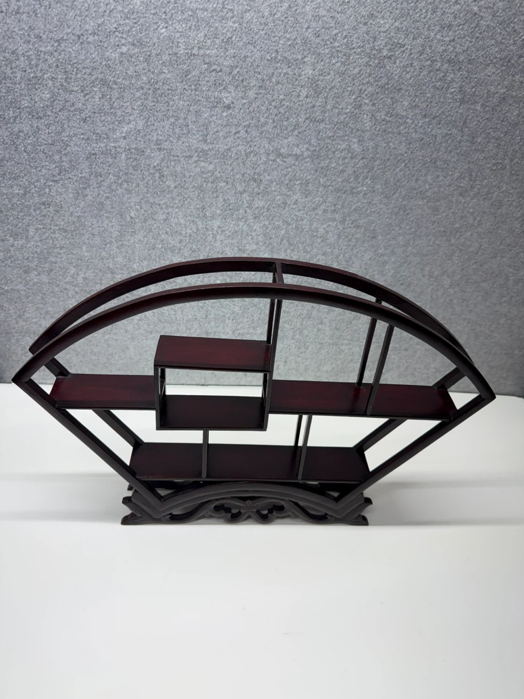 Asian Chinese Style Fan Shaped Wooden Curio Display Shelf Carved - photo 2