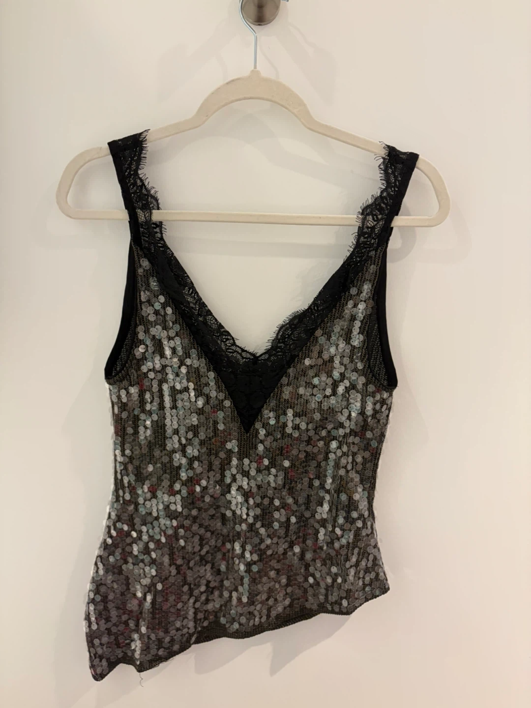 Sequined Tank Top with Lace Trim