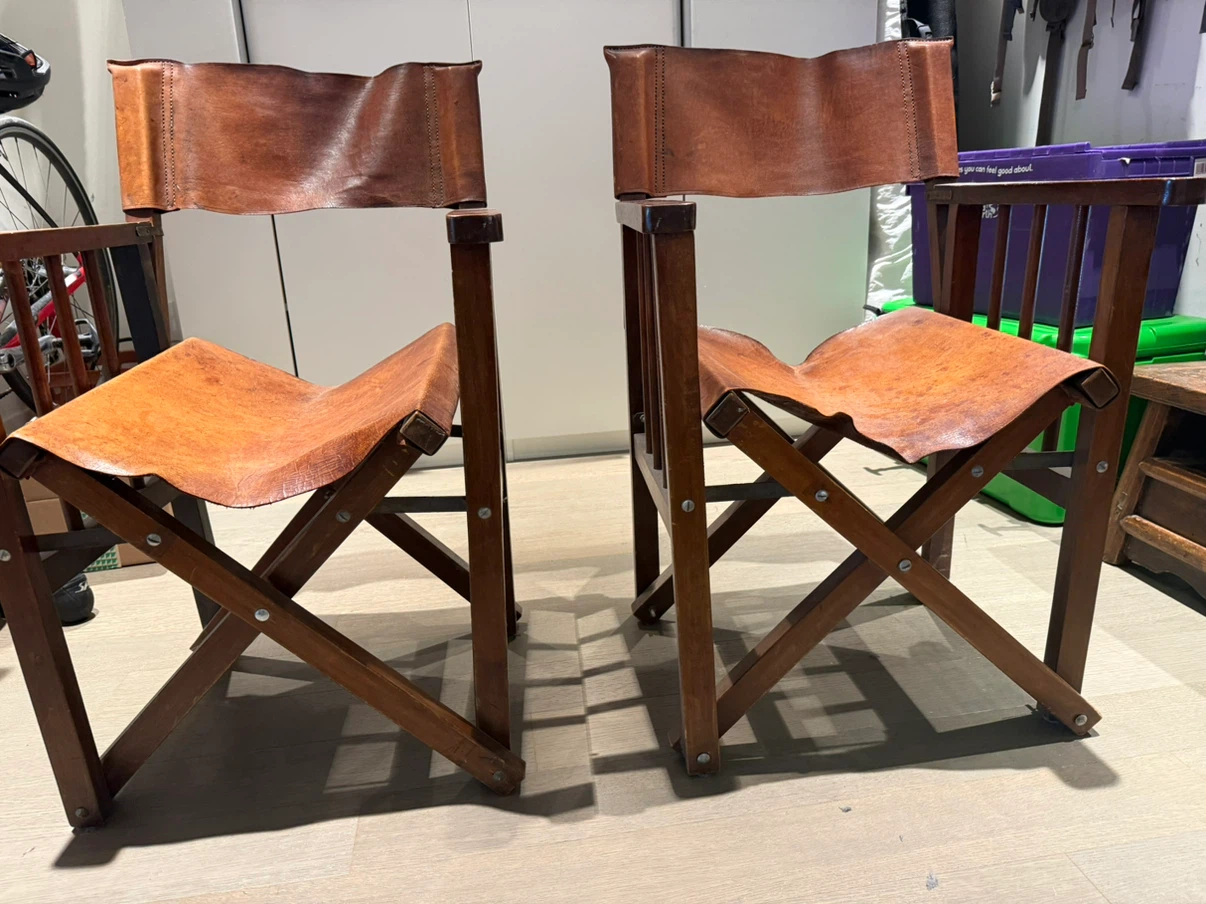 2x handmade African hardwood Leather Folding Director Chair - photo 3