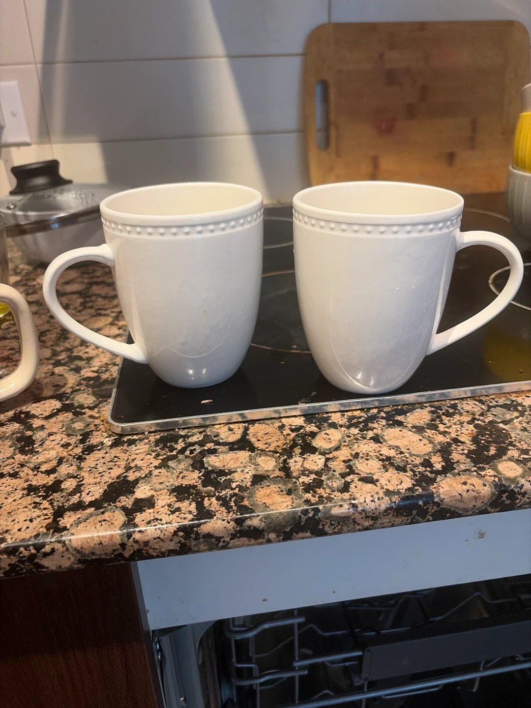 Two White Beaded Ceramic Mugs