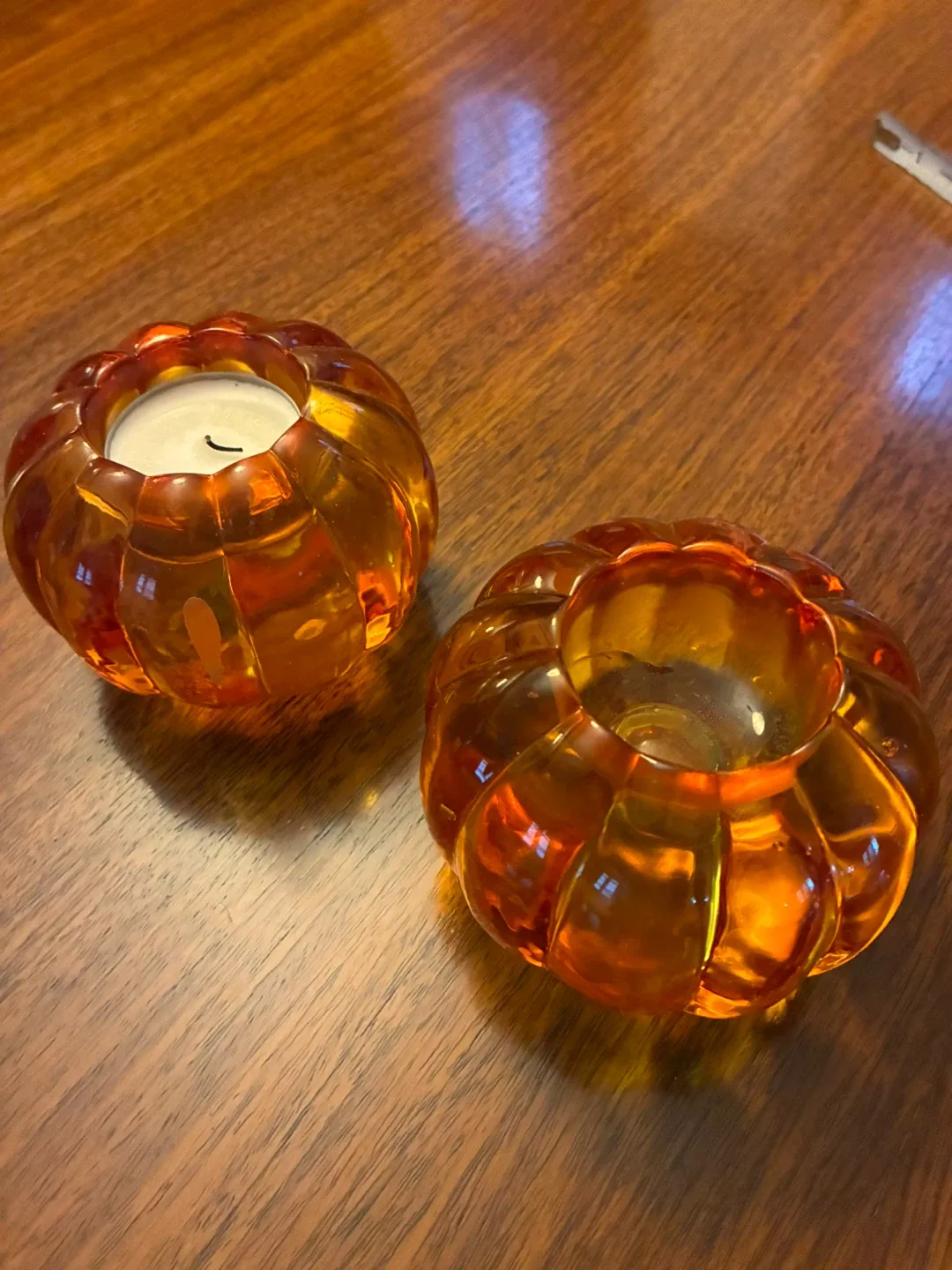 Glass Pumpkin orange Tea Light Candle Holders - Halloween Fall