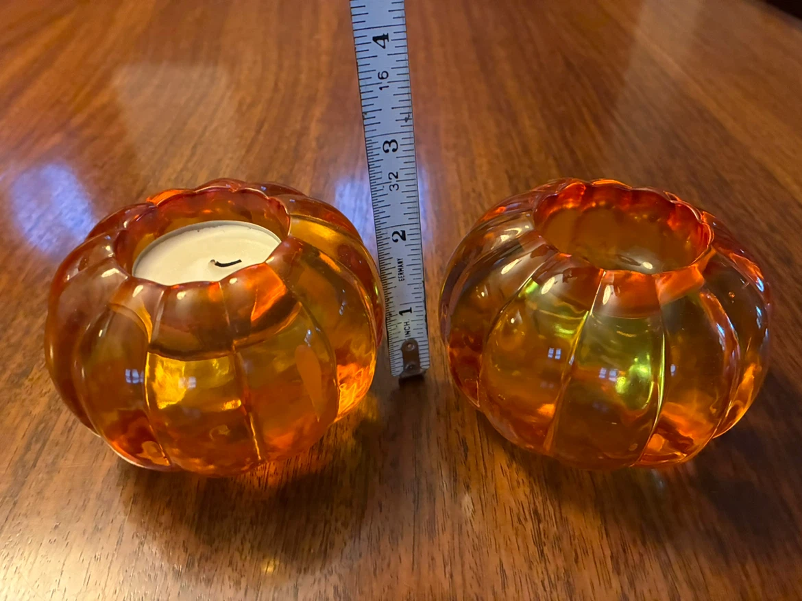 Glass Pumpkin orange Tea Light Candle Holders - Halloween Fall - photo 2