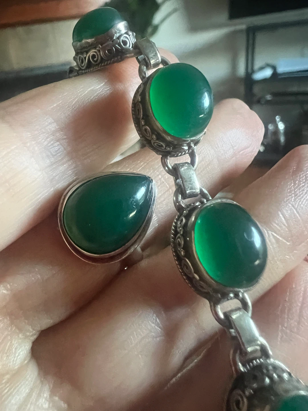 925 Sterling Silver Green onyx Ring and Bracelet Set