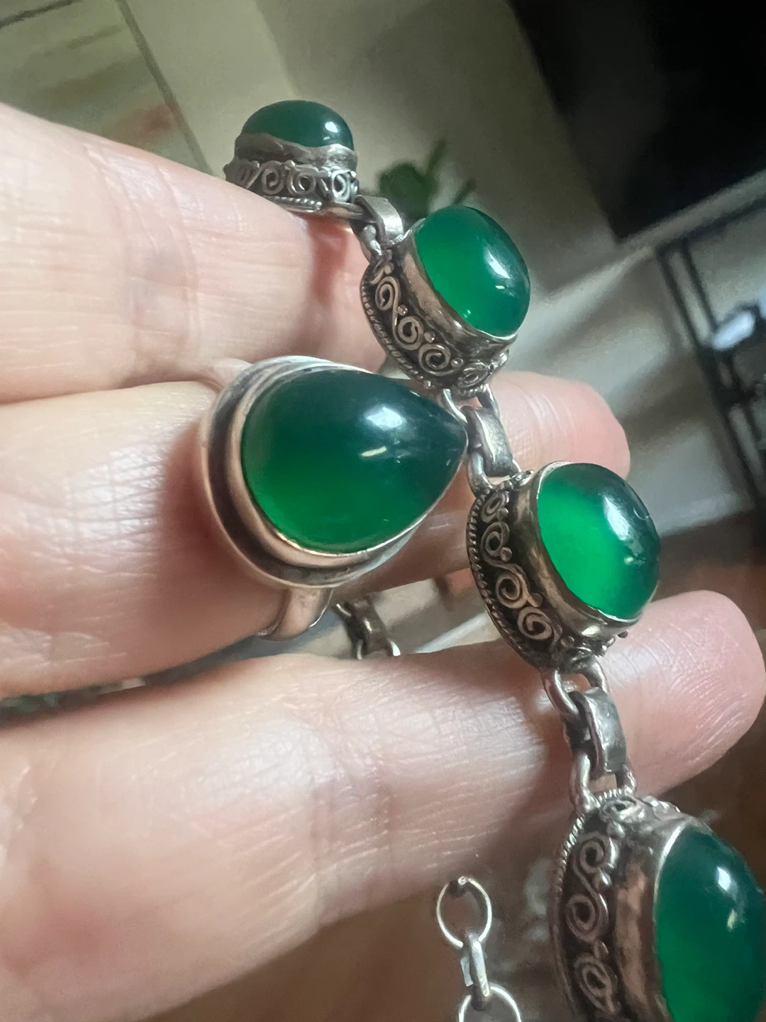 925 Sterling Silver Green onyx Ring and Bracelet Set - photo 4
