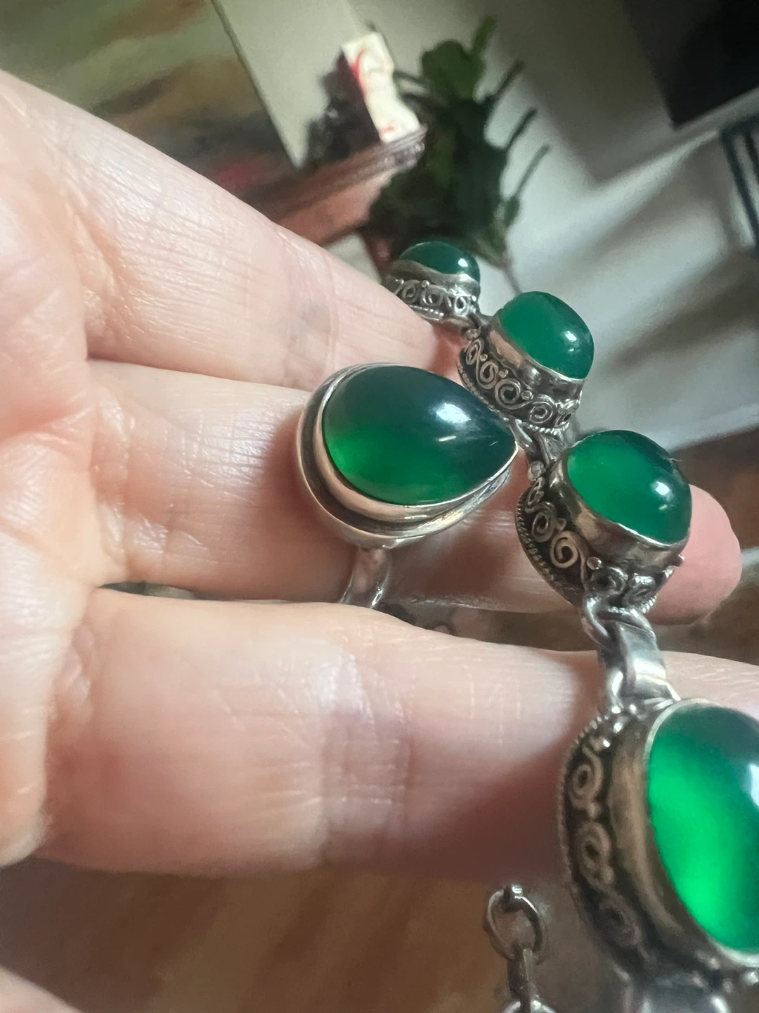 925 Sterling Silver Green onyx Ring and Bracelet Set - photo 5