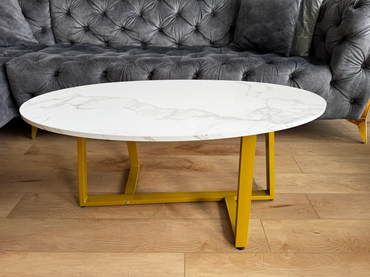 Oval Faux Marble Coffee Table with Gold Base
