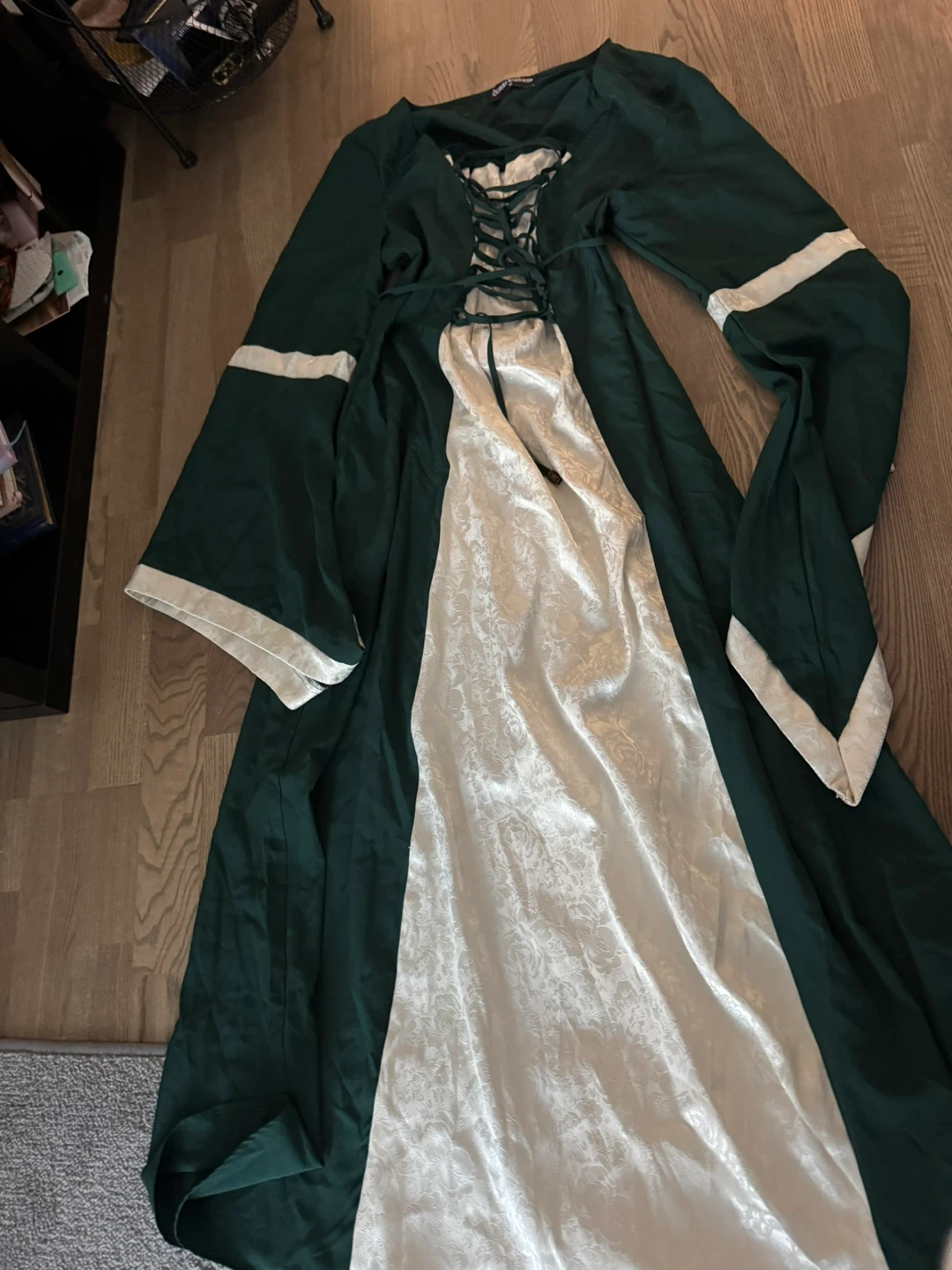 XS Dark Green and White Medieval Style Gown - photo 3