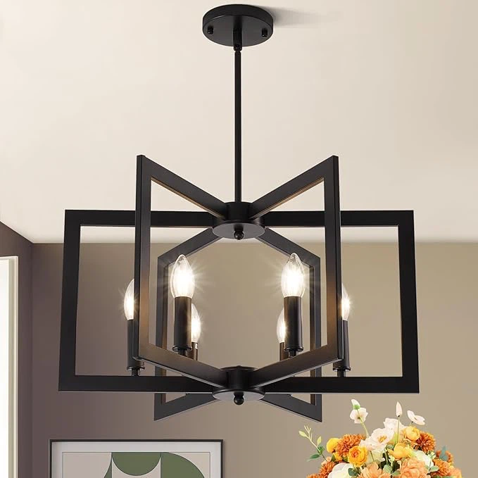 Black Chandelier, 6-Light Modern Geometric Dining Room Light