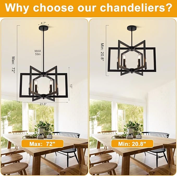 Black Chandelier, 6-Light Modern Geometric Dining Room Light - photo 3