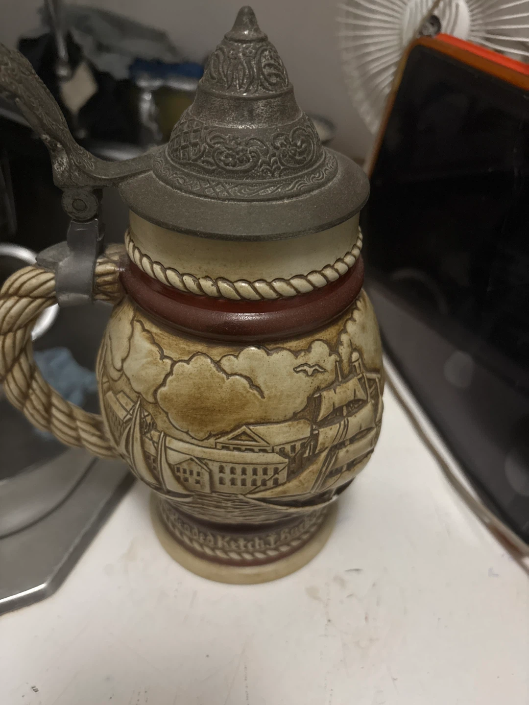 Vintage Ceramic Beer Stein with Pewter Lid