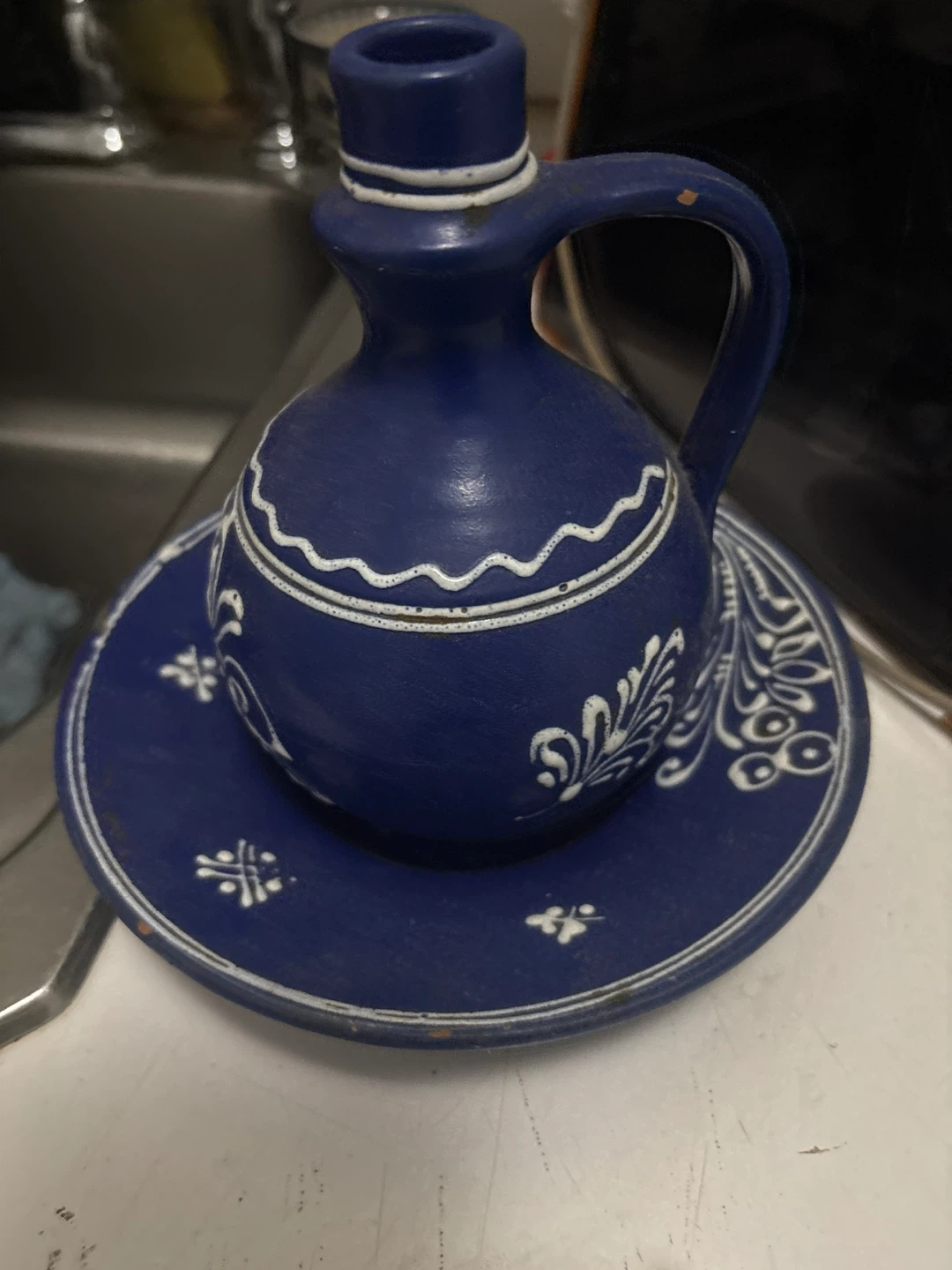 Blue Ceramic Pitcher and Saucer Set