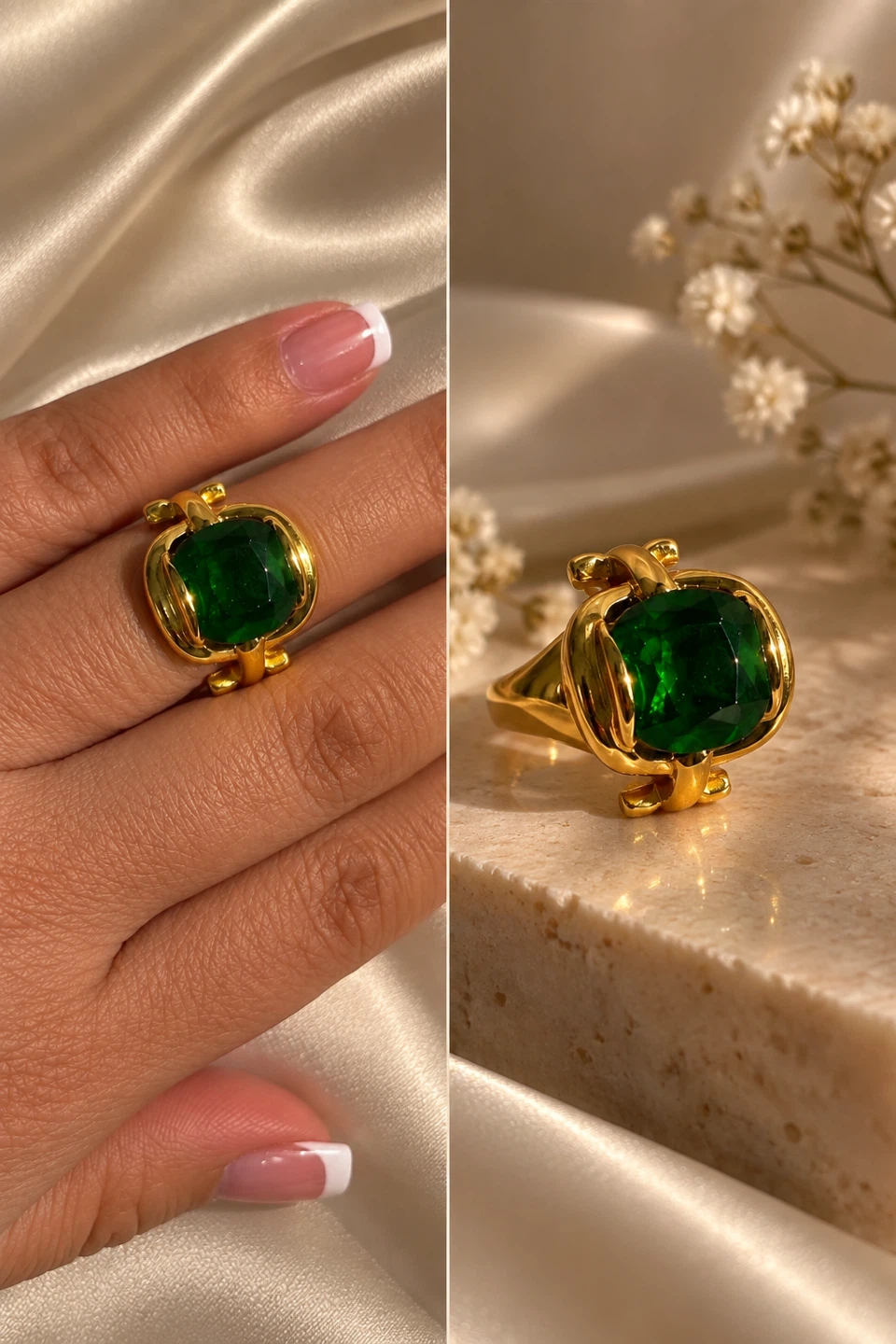 Gold Tone Ring with Emerald Green Stone