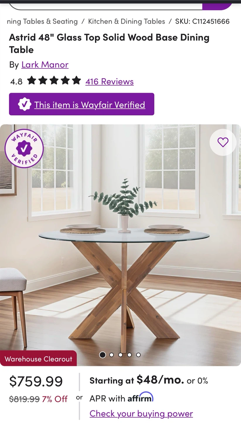 WAYFAIR ASTRID 48” GLASS TOP DINING TABLE