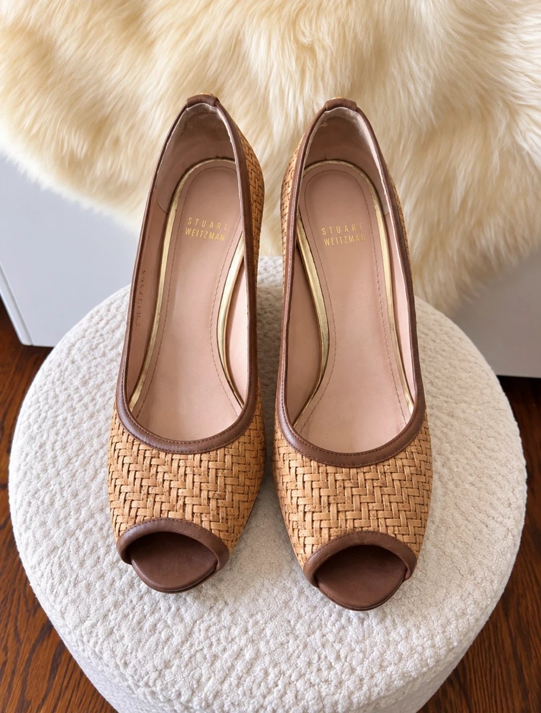 Stuart Weitzman Woven Wedge Peep Toe Heels