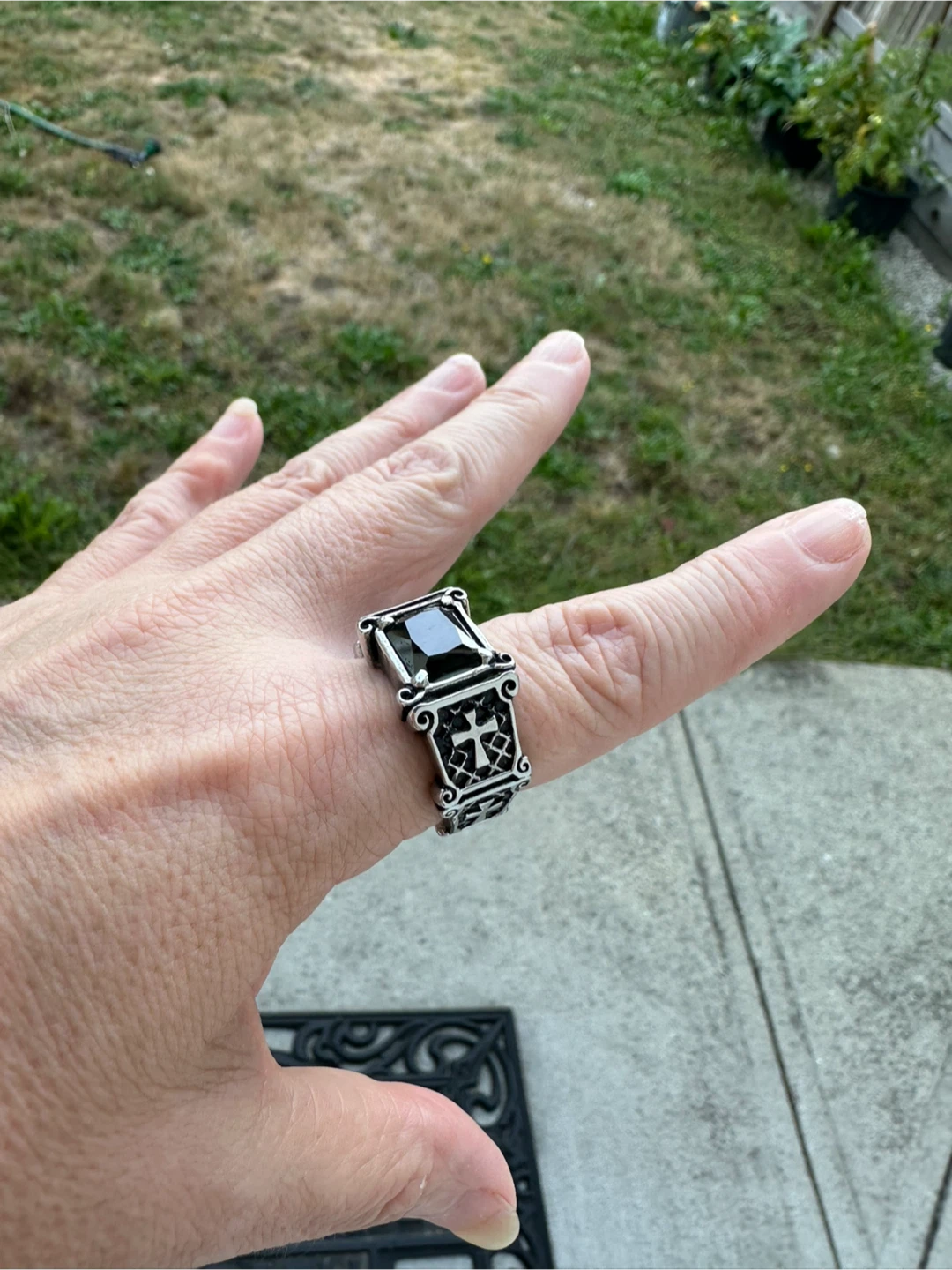 Black Stone Cross Ring