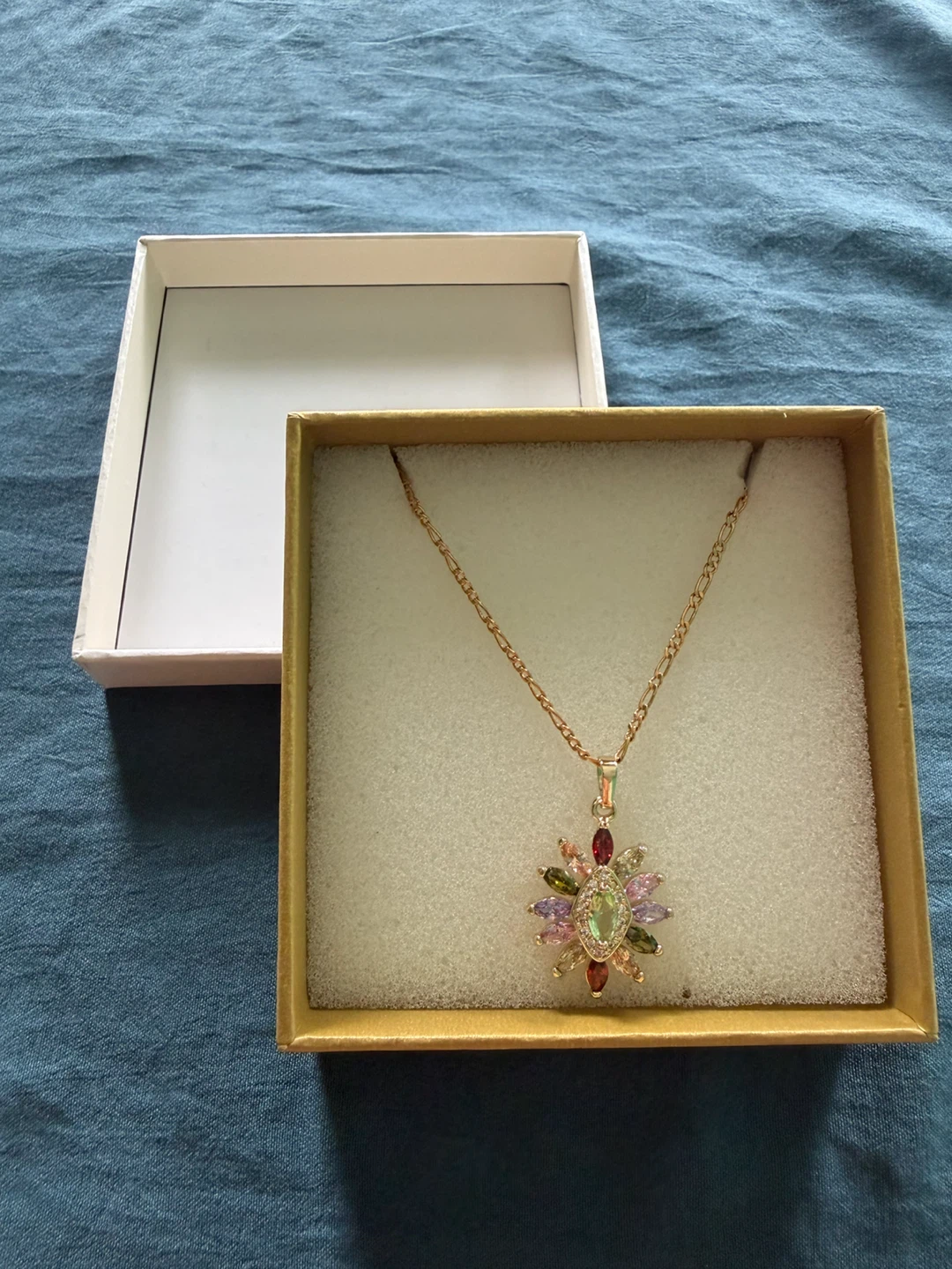Gold Tone Multi-Color Gemstone Flower Pendant Necklace